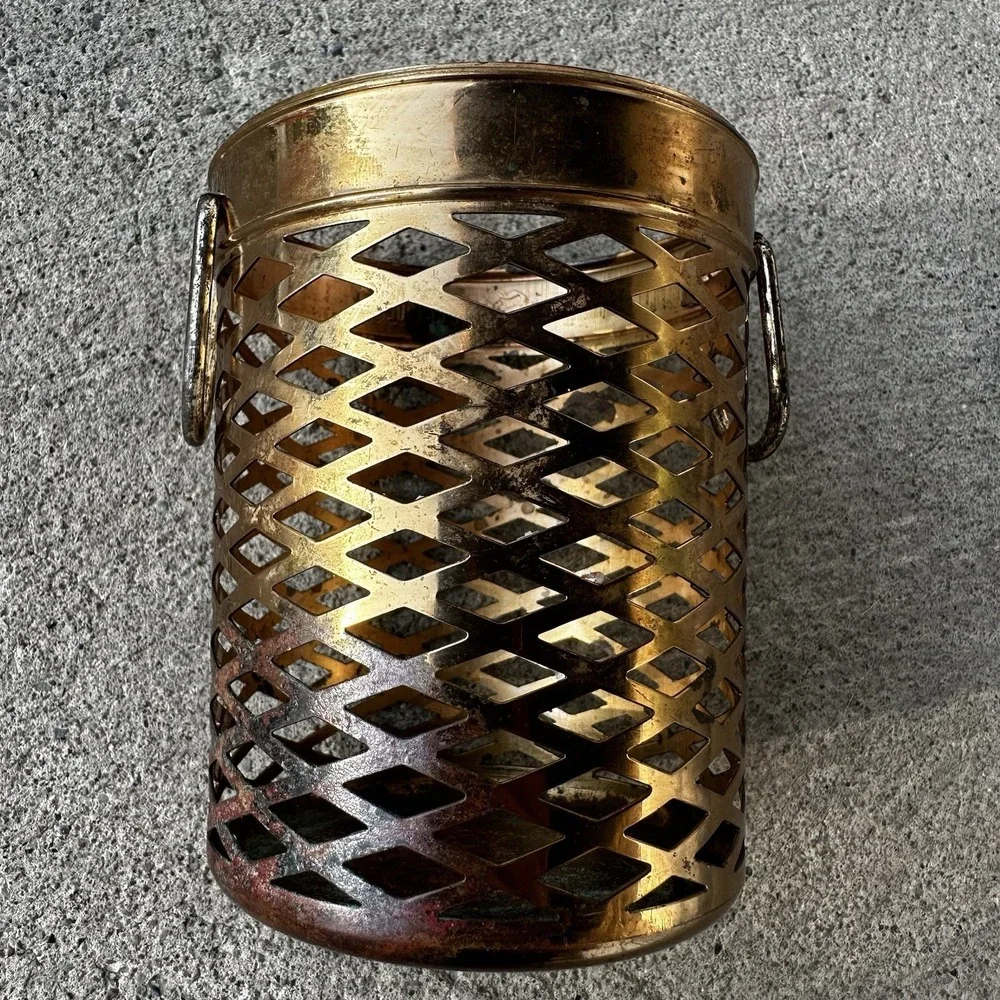 Vintage Brass Seagram's Weaved Bucket/ Pen Holder, Made in USA, Scovill, 4.5